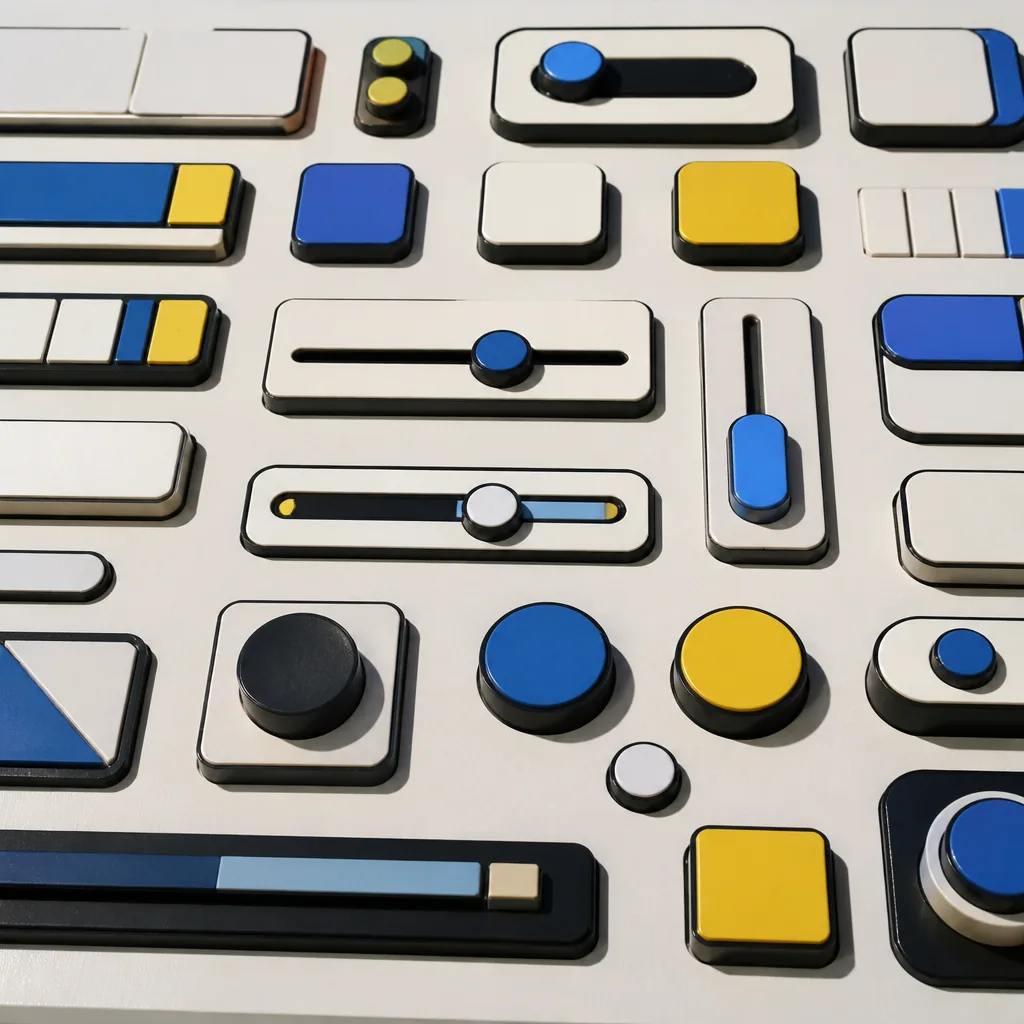 Flat blocky game interface components — buttons, sliders and toggles with thick borders and hard shadows