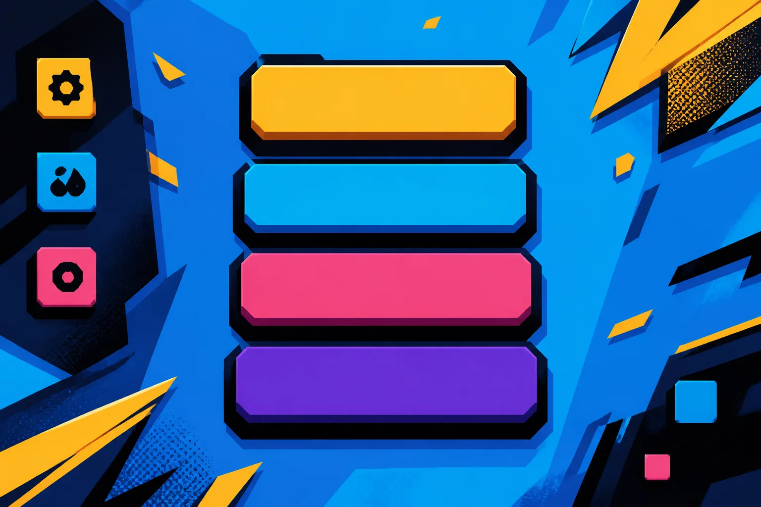 Blocky game main menu with stacked bold buttons on an electric-blue background