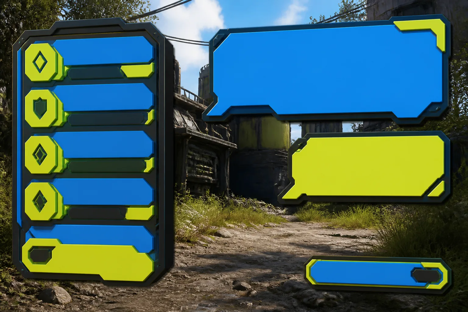 Game dialogue and quest log panel with a blocky speech box and list in blue and yellow