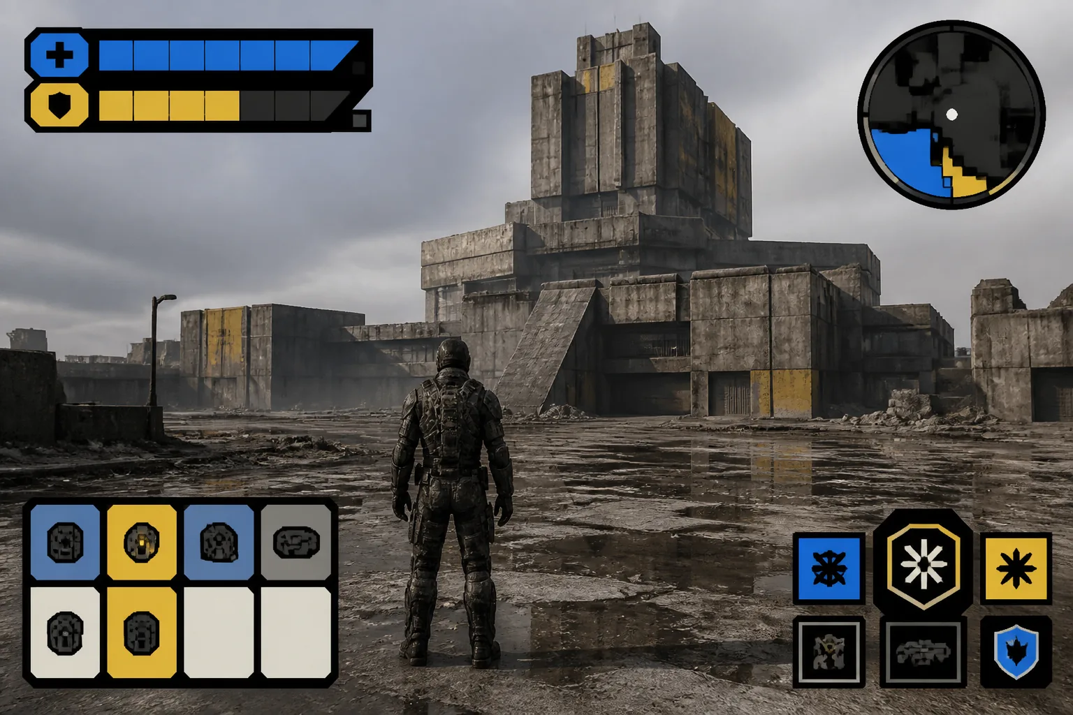 Flat neo-brutalist game HUD mockup with health bars, a minimap and inventory slots in blue and yellow blocks