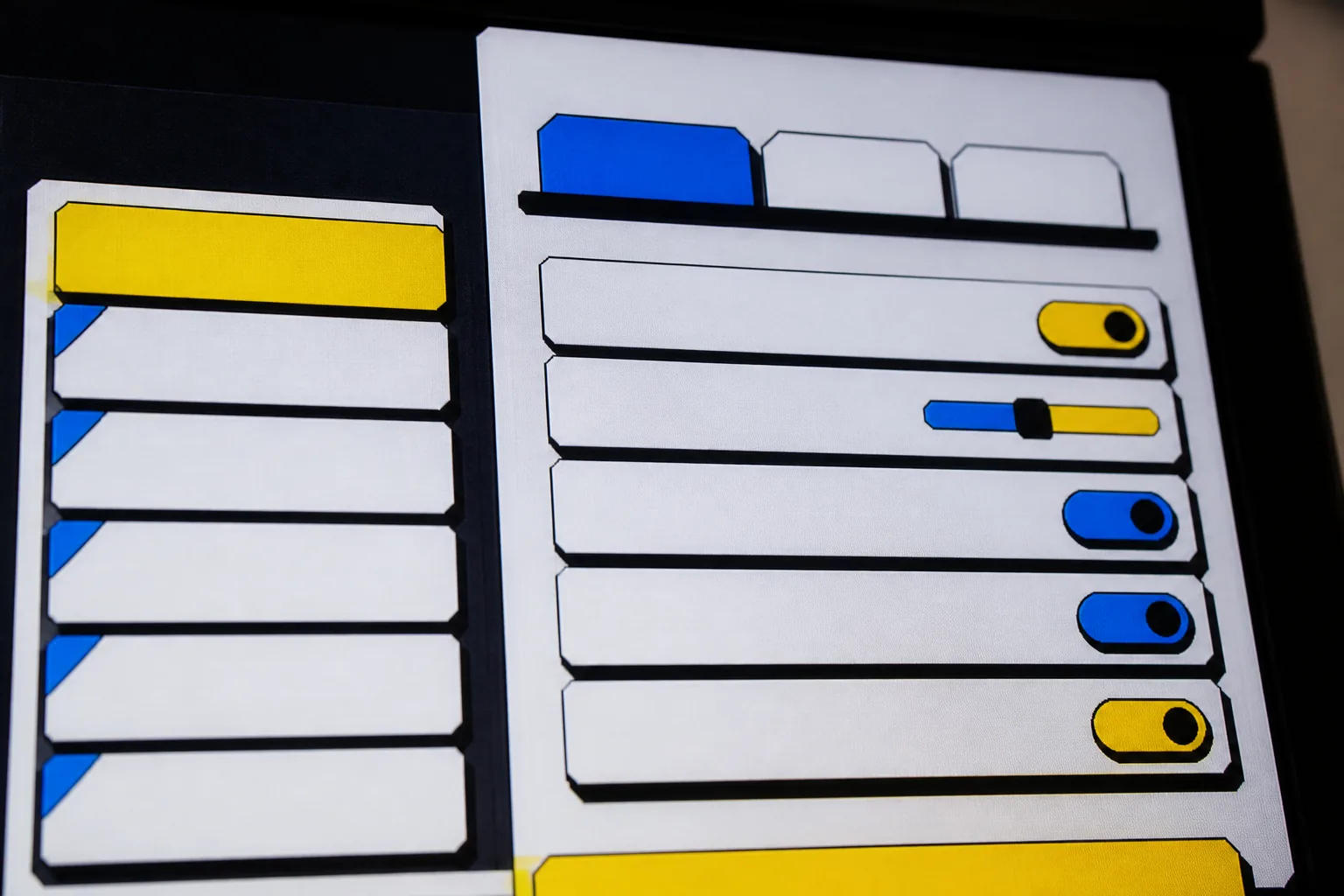 Close-up of blocky game menu and settings screen templates from the HUDCraft toolkit
